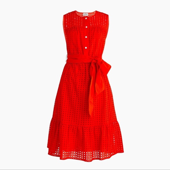 J.Crew All-over Eyelet Belted Dress in Red Embroidered Button 0 - Picture 2 of 9